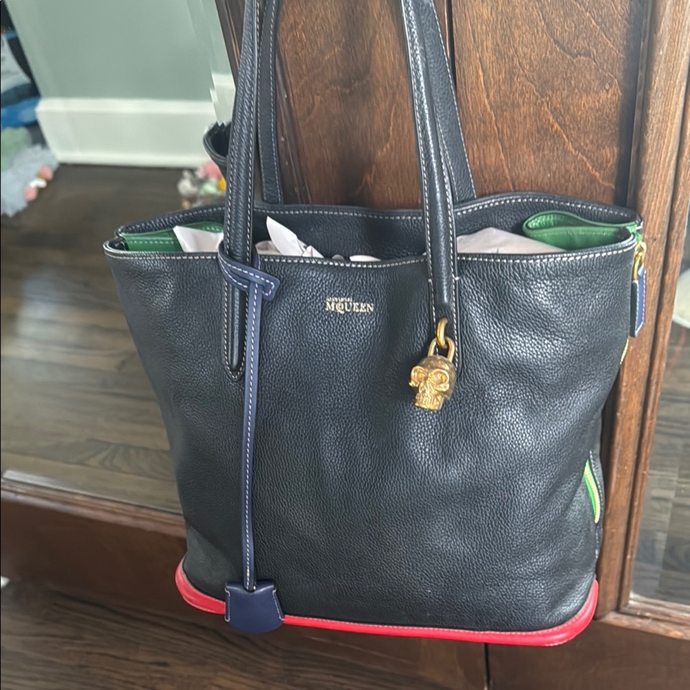 RARE Navy and Red Leather Alexander McQueen Tote with Gold  skull Charm